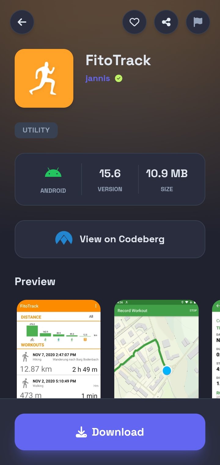 FitoTrack app page with a View on Codeberg button